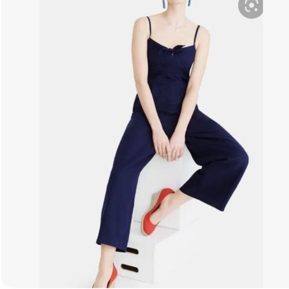 J. Crew Jumpsuit Navy Blue Linen Cotton Tie Front Wide Leg L6968 size 14 - Picture 2 of 16